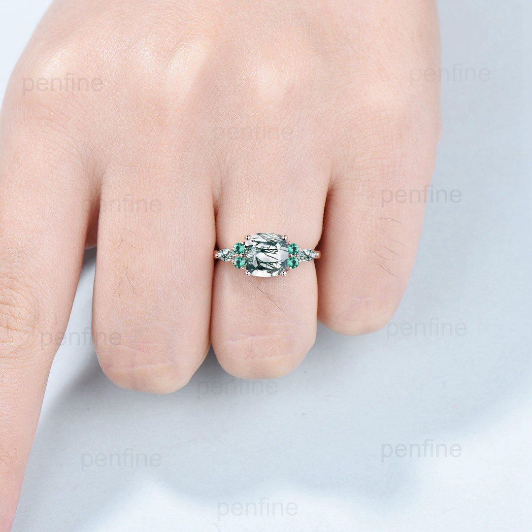 Vintage Cushion Natural Moss Agate Ring Dainty Cluster Emerald Marquise Engagement Ring Unique Art Deco Seven Stone Promise Anniversary Gift - PENFINE