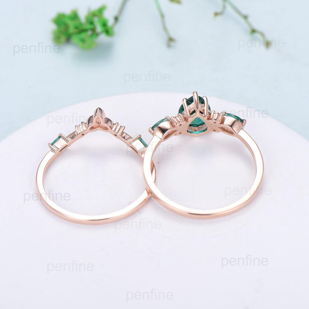 Vintage Pear Shaped Fire Opal Engagement Ring Set Rose Gold Opal Emerald Wedding Ring Set October Birthstone Six Prong Bridal Ring Set Women - PENFINE
