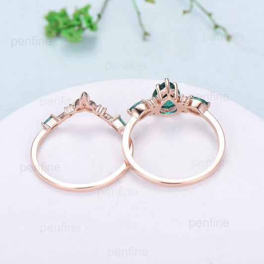 Vintage Pear Shaped Fire Opal Engagement Ring Set Rose Gold Opal Emerald Wedding Ring Set October Birthstone Six Prong Bridal Ring Set Women - PENFINE