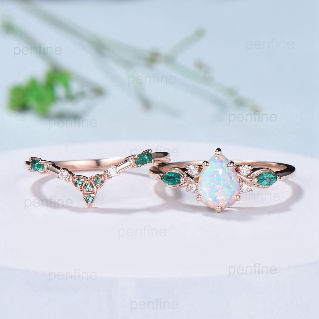 Vintage Pear Shaped Fire Opal Engagement Ring Set Rose Gold Opal Emerald Wedding Ring Set October Birthstone Six Prong Bridal Ring Set Women - PENFINE