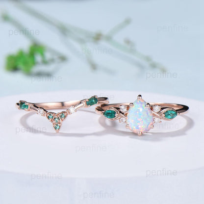 Vintage Pear Shaped Fire Opal Engagement Ring Set Rose Gold Opal Emerald Wedding Ring Set October Birthstone Six Prong Bridal Ring Set Women - PENFINE