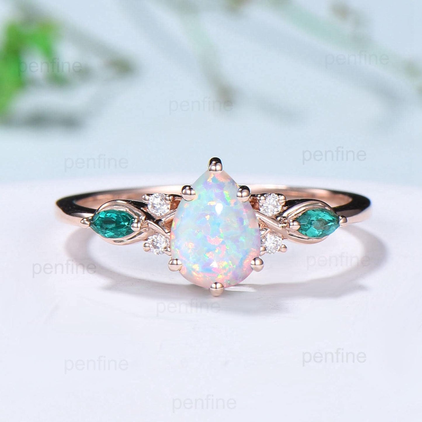 Vintage Pear Shaped Fire Opal Engagement Ring Set Rose Gold Opal Emerald Wedding Ring Set October Birthstone Six Prong Bridal Ring Set Women - PENFINE