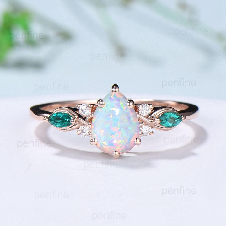 Vintage Pear Shaped Fire Opal Engagement Ring Set Rose Gold Opal Emerald Wedding Ring Set October Birthstone Six Prong Bridal Ring Set Women - PENFINE