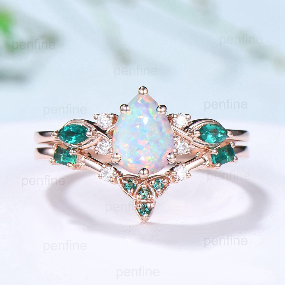 Vintage Pear Shaped Fire Opal Engagement Ring Set Rose Gold Opal Emerald Wedding Ring Set October Birthstone Six Prong Bridal Ring Set Women - PENFINE