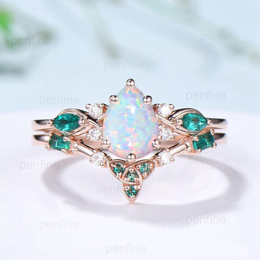 Vintage Pear Shaped Fire Opal Engagement Ring Set Rose Gold Opal Emerald Wedding Ring Set October Birthstone Six Prong Bridal Ring Set Women - PENFINE
