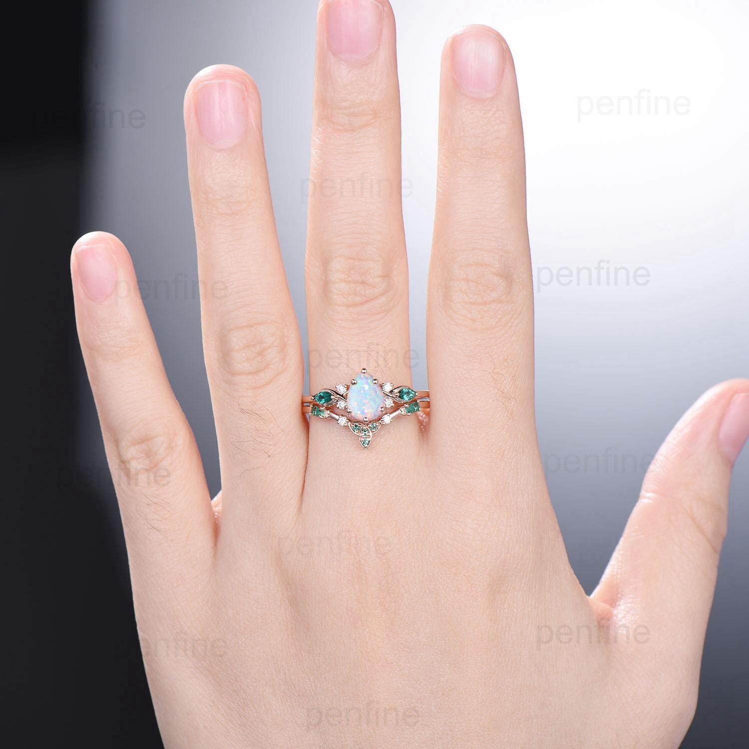 Vintage Pear Shaped Fire Opal Engagement Ring Set Rose Gold Opal Emerald Wedding Ring Set October Birthstone Six Prong Bridal Ring Set Women - PENFINE