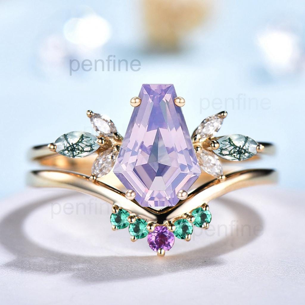 Vintage Coffin Cut Lavender Amethyst Engagement Ring Set Unique Yellow Gold Marquise Moss Agate Wedding Set Emerald Amethyst Stacking Band - PENFINE