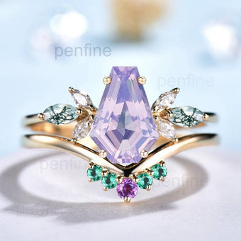 Vintage Coffin Cut Lavender Amethyst Engagement Ring Set Unique Yellow Gold Marquise Moss Agate Wedding Set Emerald Amethyst Stacking Band - PENFINE