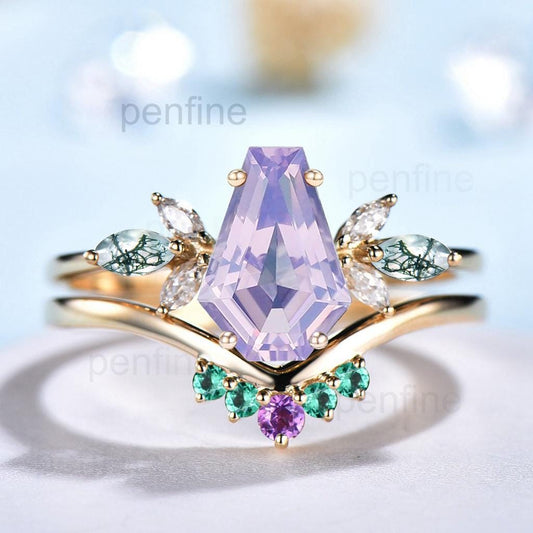 Vintage Coffin Cut Lavender Amethyst Engagement Ring Set Unique Yellow Gold Marquise Moss Agate Wedding Set Emerald Amethyst Stacking Band - PENFINE