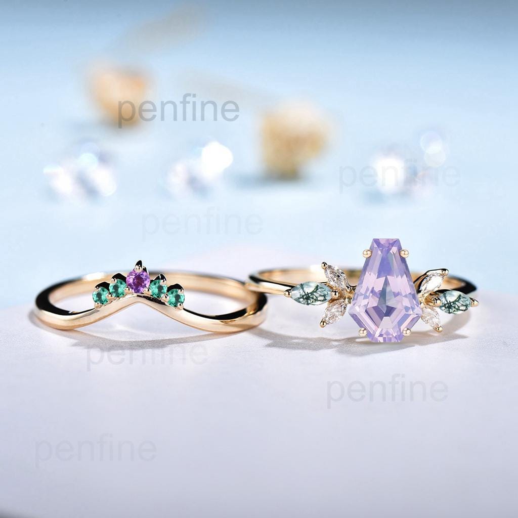 Vintage Coffin Cut Lavender Amethyst Engagement Ring Set Unique Yellow Gold Marquise Moss Agate Wedding Set Emerald Amethyst Stacking Band - PENFINE