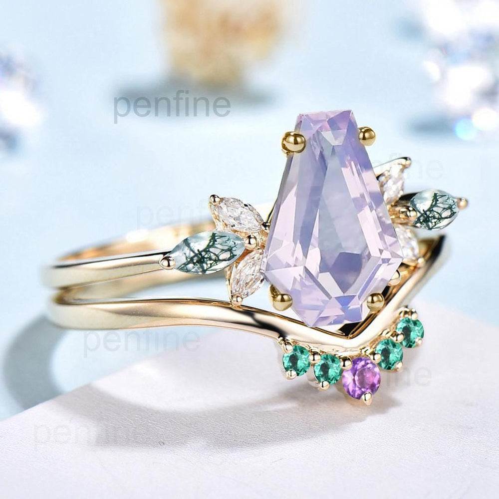 Vintage Coffin Cut Lavender Amethyst Engagement Ring Set Unique Yellow Gold Marquise Moss Agate Wedding Set Emerald Amethyst Stacking Band - PENFINE