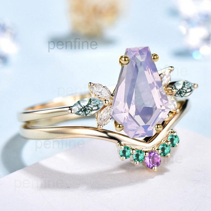 Vintage Coffin Cut Lavender Amethyst Engagement Ring Set Unique Yellow Gold Marquise Moss Agate Wedding Set Emerald Amethyst Stacking Band - PENFINE