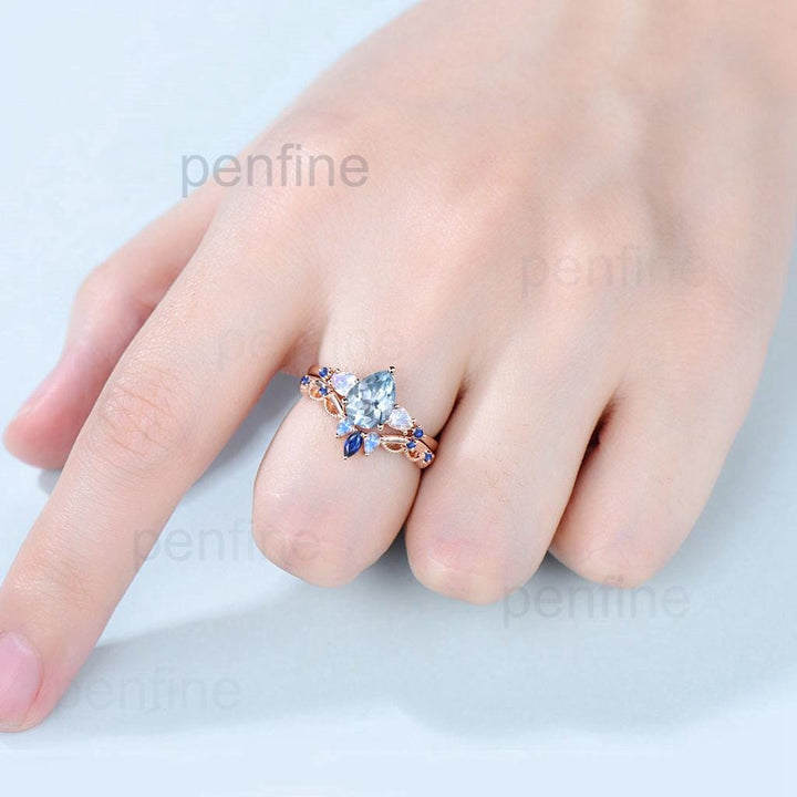 1.25CT Pear Shaped Natural Aquamarine Engagement Ring Set Five Stone Moonstone Sapphire Blue Gemstone Wedding Ring Set Rose Gold Bridal Set - PENFINE