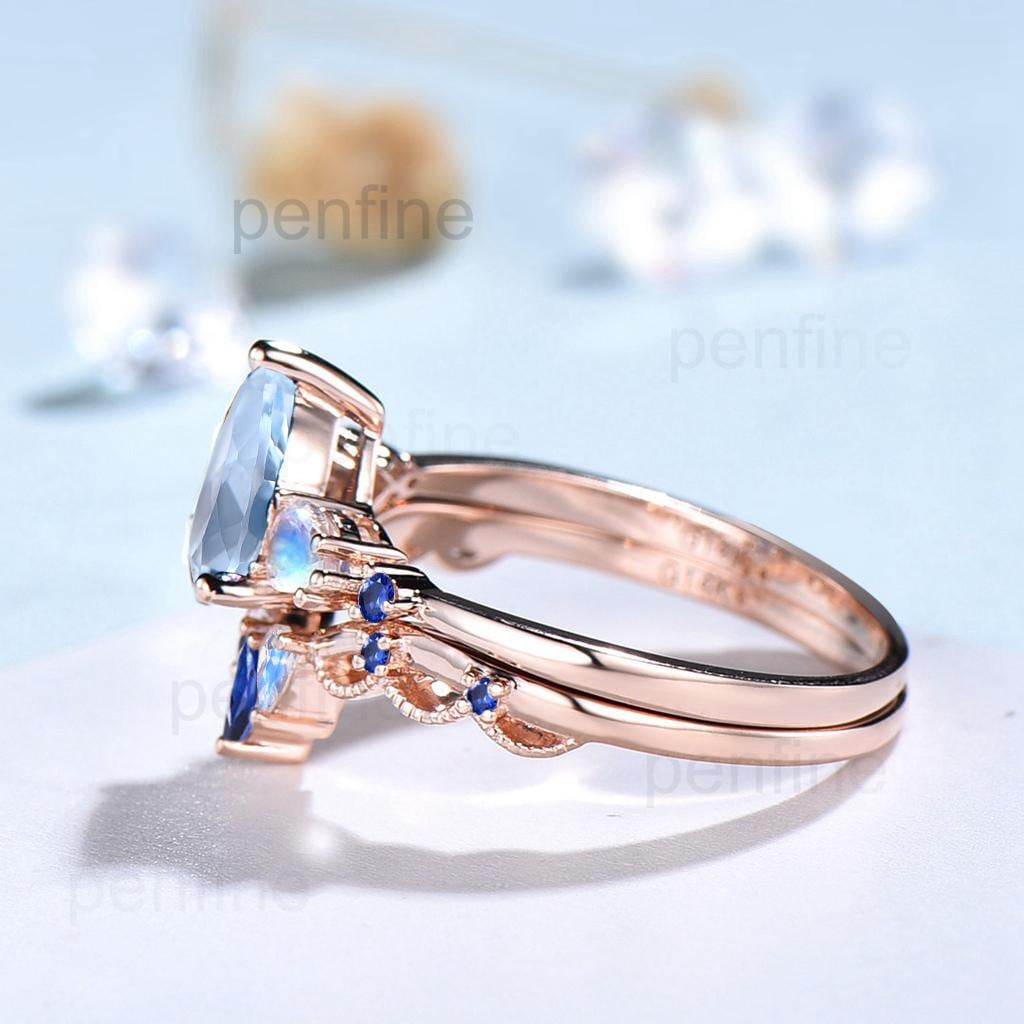 1.25CT Pear Shaped Natural Aquamarine Engagement Ring Set Five Stone Moonstone Sapphire Blue Gemstone Wedding Ring Set Rose Gold Bridal Set - PENFINE