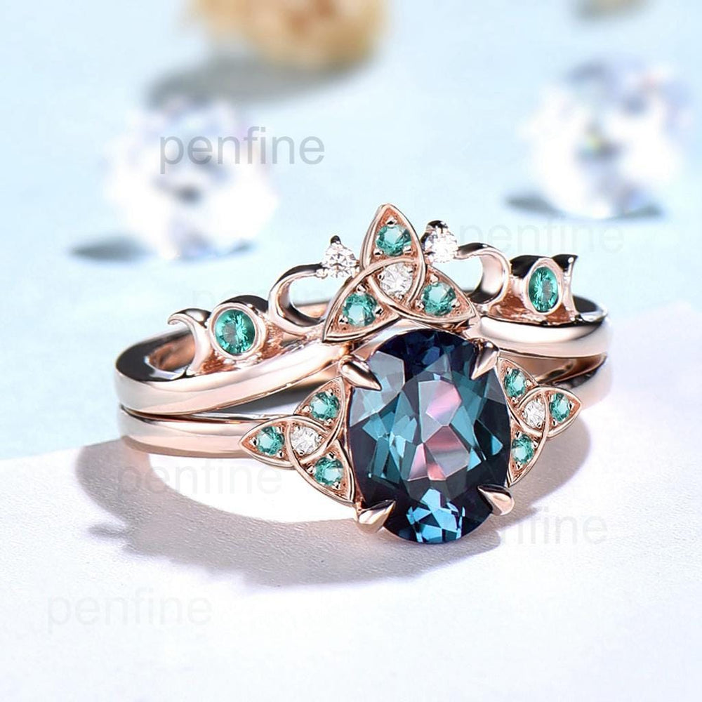 Vintage oval alexandrite engagement ring set Norse Viking Rose gold color change stone emerald wedding ring Unique anniversary bridal set - PENFINE