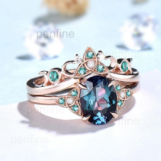 Vintage oval alexandrite engagement ring set Norse Viking Rose gold color change stone emerald wedding ring Unique anniversary bridal set - PENFINE