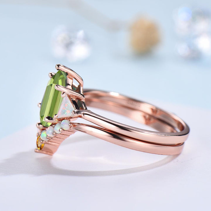 2pcs Peridot Ring Set Hexagon Cut Peridot with Trillion Opal Accents & Curved Band with Opal and Citrine August Birthstone - PENFINE