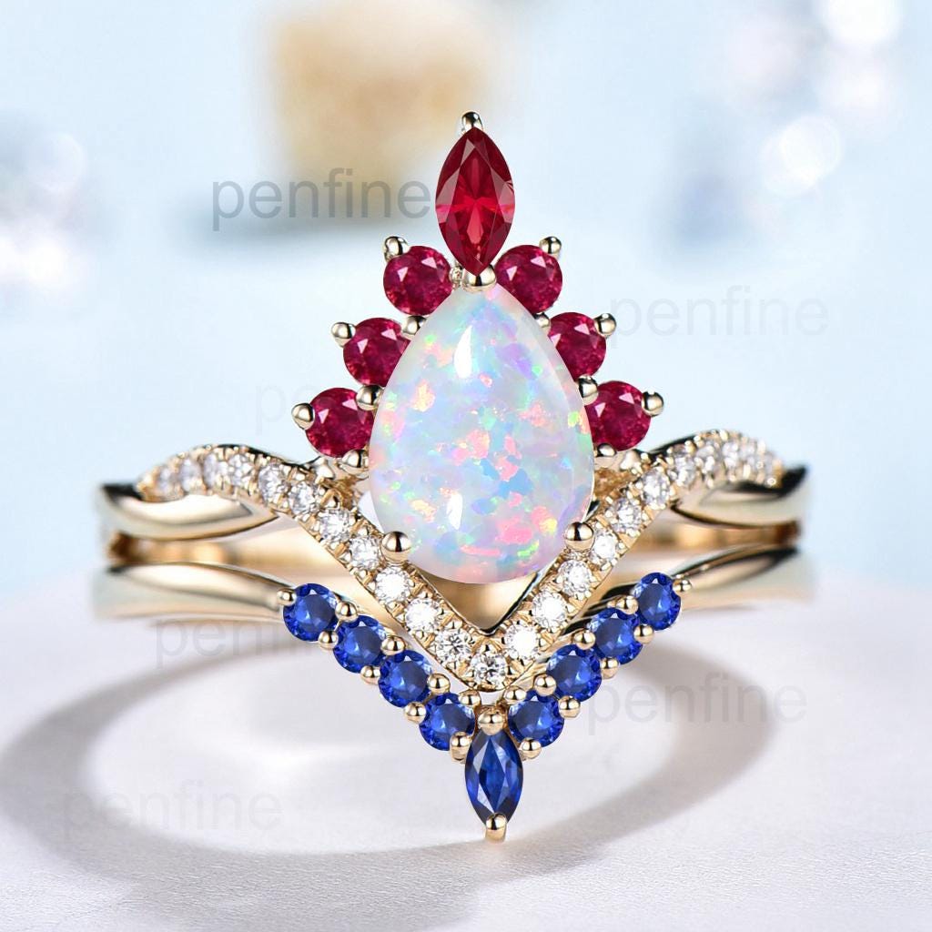 Vintage White Opal Engagement Ring Set Pear Shaped 14K Yellow Gold Sapphire Ruby Wedding ring Set Art Deco 2pcs Unique Twisted Bridal Set - PENFINE