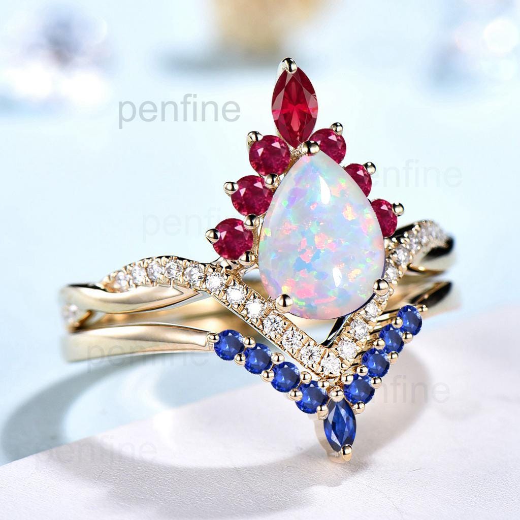Vintage White Opal Engagement Ring Set Pear Shaped 14K Yellow Gold Sapphire Ruby Wedding ring Set Art Deco 2pcs Unique Twisted Bridal Set - PENFINE