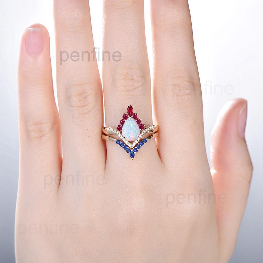 Vintage White Opal Engagement Ring Set Pear Shaped 14K Yellow Gold Sapphire Ruby Wedding ring Set Art Deco 2pcs Unique Twisted Bridal Set - PENFINE