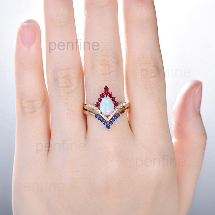 Vintage White Opal Engagement Ring Set Pear Shaped 14K Yellow Gold Sapphire Ruby Wedding ring Set Art Deco 2pcs Unique Twisted Bridal Set - PENFINE