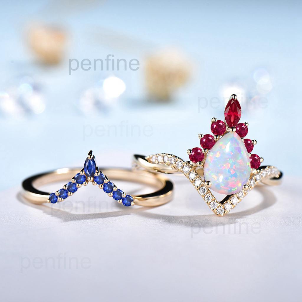 Vintage White Opal Engagement Ring Set Pear Shaped 14K Yellow Gold Sapphire Ruby Wedding ring Set Art Deco 2pcs Unique Twisted Bridal Set - PENFINE
