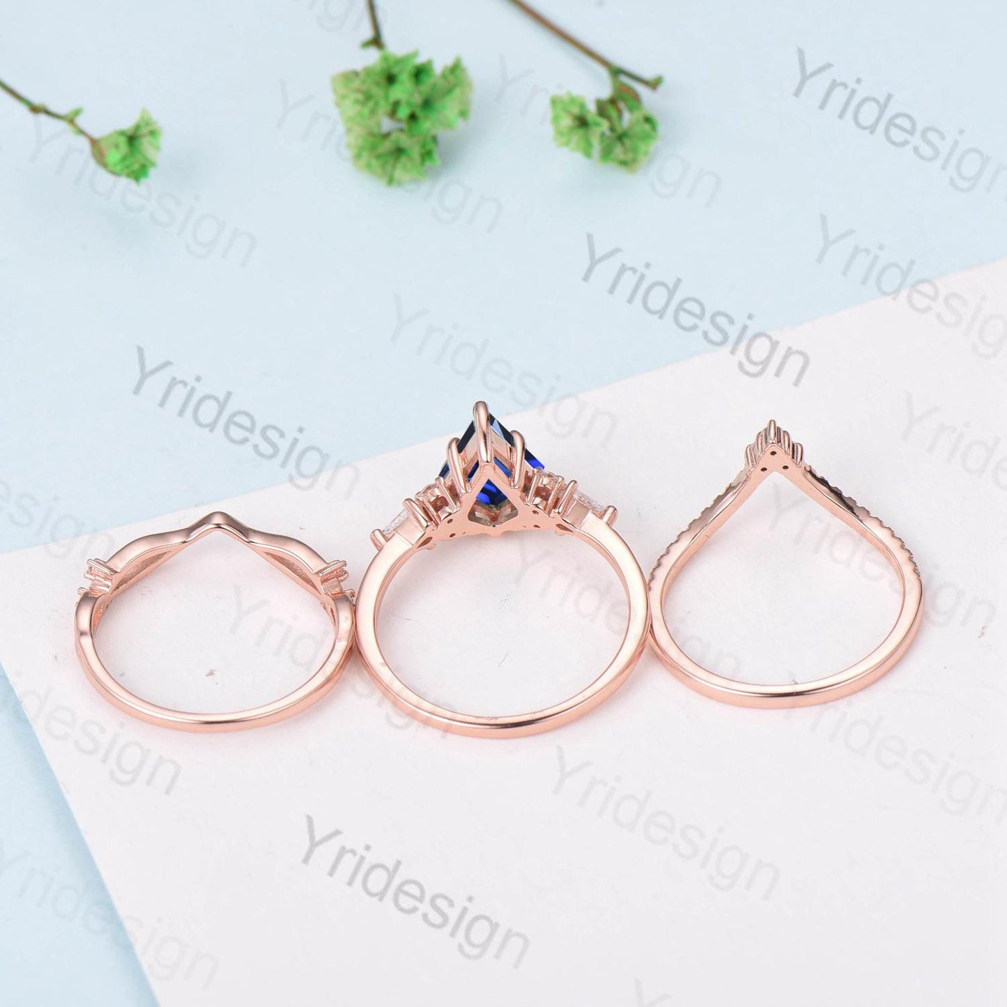 Vintage kite cut blue sapphire engagement ring set vintage 14k rose gold September birthstone jewelry 3pcs bridal wedding ring set gifts - PENFINE