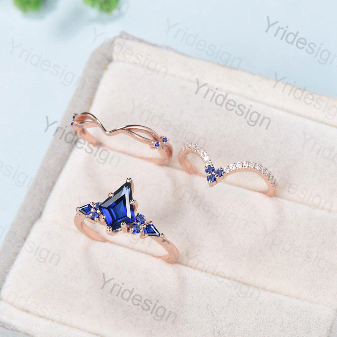 Vintage kite cut blue sapphire engagement ring set vintage 14k rose gold September birthstone jewelry 3pcs bridal wedding ring set gifts - PENFINE