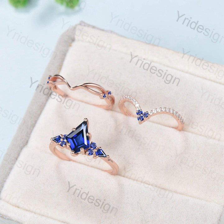 Vintage kite cut blue sapphire engagement ring set vintage 14k rose gold September birthstone jewelry 3pcs bridal wedding ring set gifts - PENFINE
