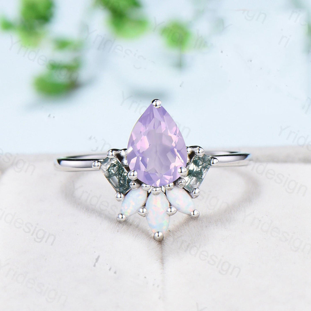 Unique Pear Shaped Lavender Amethyst Engagement Ring Baguette Moss Agate Marquise Opal Wedding Ring Vintage Handmade Anniversary Ring Gift - PENFINE