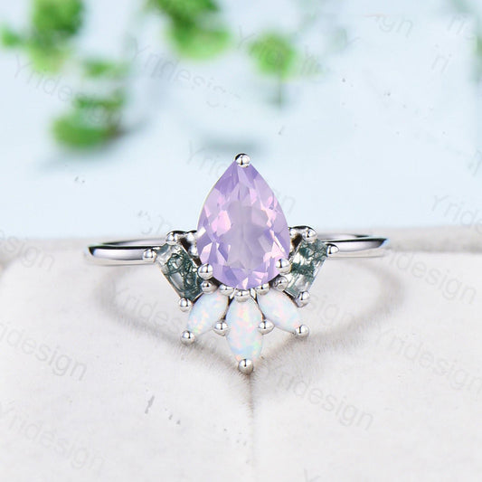 Unique Pear Shaped Lavender Amethyst Engagement Ring Baguette Moss Agate Marquise Opal Wedding Ring Vintage Handmade Anniversary Ring Gift - PENFINE