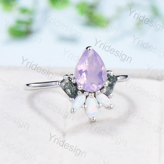 Unique Pear Shaped Lavender Amethyst Engagement Ring Baguette Moss Agate Marquise Opal Wedding Ring Vintage Handmade Anniversary Ring Gift - PENFINE