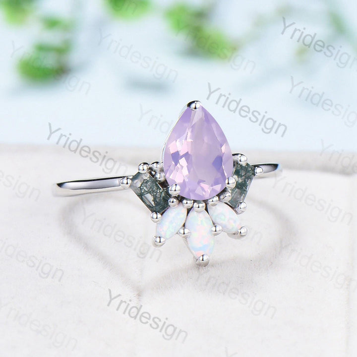 Unique Pear Shaped Lavender Amethyst Engagement Ring Baguette Moss Agate Marquise Opal Wedding Ring Vintage Handmade Anniversary Ring Gift - PENFINE