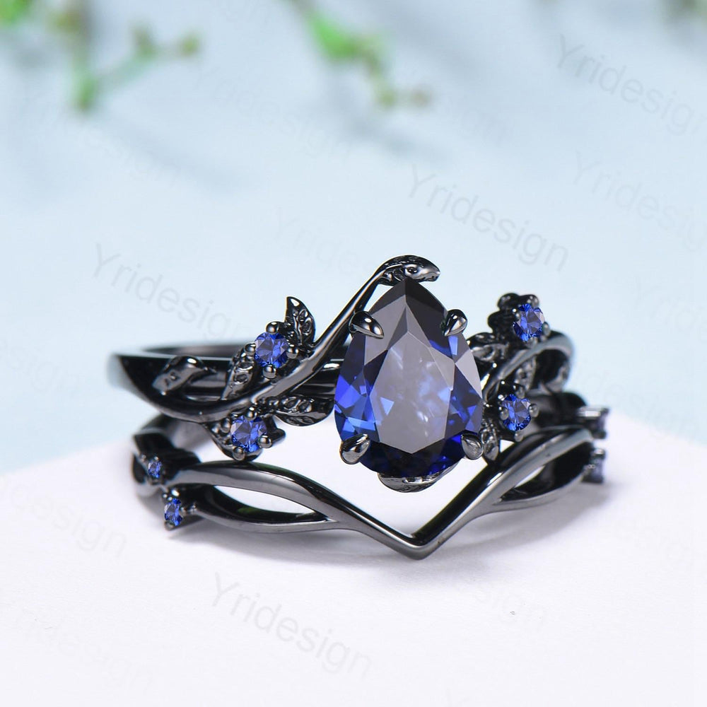 Nature Inspired Leaf sapphire ring set black gold branch twig sapphire engagement ring women unique Sep birthstone wedding set for women - PENFINE