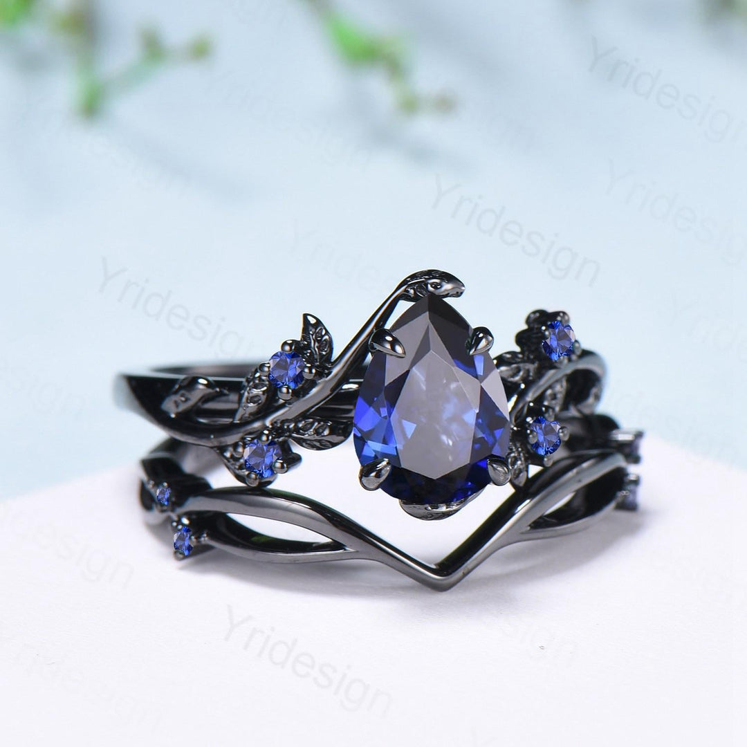 Nature Inspired Leaf sapphire ring set black gold branch twig sapphire engagement ring women unique Sep birthstone wedding set for women - PENFINE