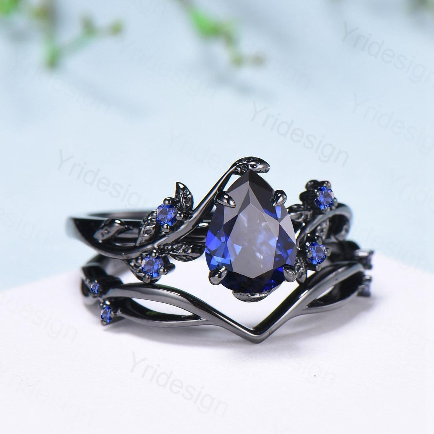 Nature Inspired Leaf sapphire ring set black gold branch twig sapphire engagement ring women unique Sep birthstone wedding set for women - PENFINE