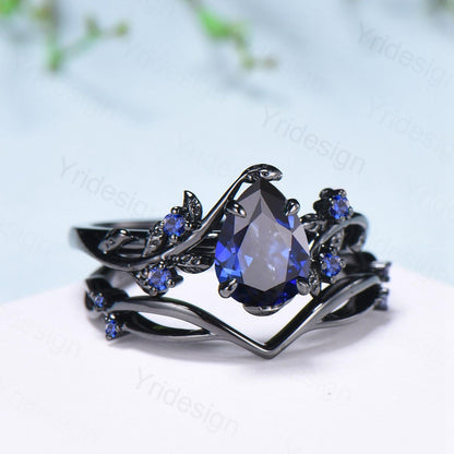 Nature Inspired Leaf sapphire ring set black gold branch twig sapphire engagement ring women unique Sep birthstone wedding set for women - PENFINE