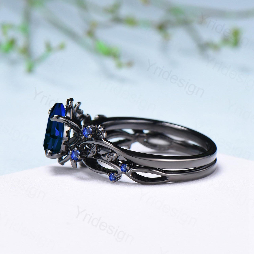 Nature Inspired Leaf sapphire ring set black gold branch twig sapphire engagement ring women unique Sep birthstone wedding set for women - PENFINE