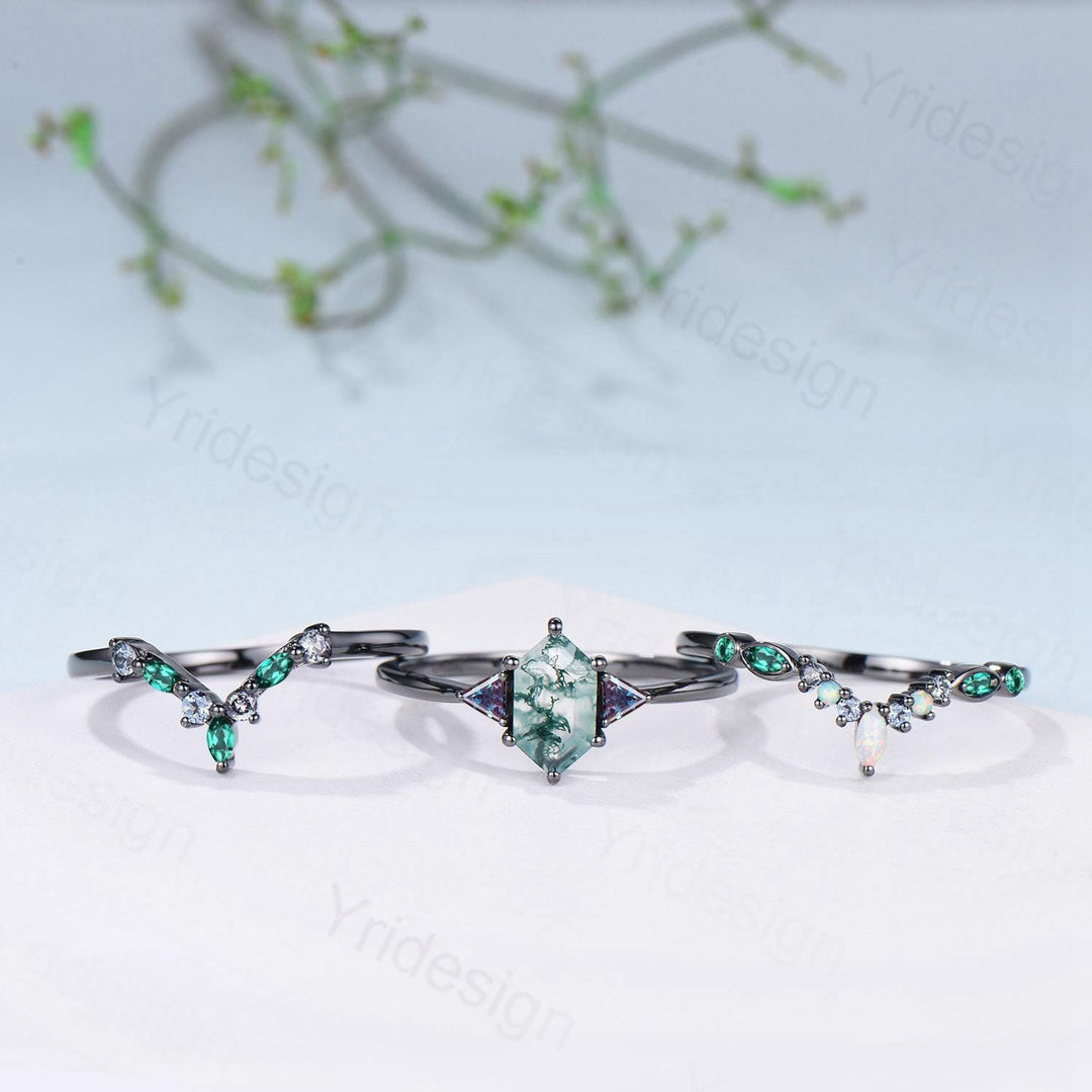 Three Stone Black Gold Moss Agate Wedding Set Unique Long Hexagon Green Agate Trillion Alexandrite Gothic Engagement Ring Emerald Opal Band - PENFINE