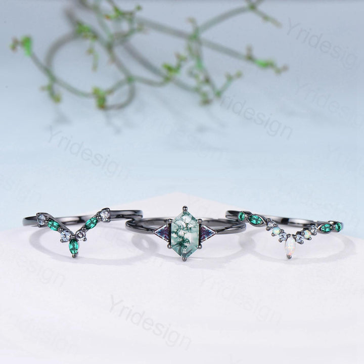 Three Stone Black Gold Moss Agate Wedding Set Unique Long Hexagon Green Agate Trillion Alexandrite Gothic Engagement Ring Emerald Opal Band - PENFINE