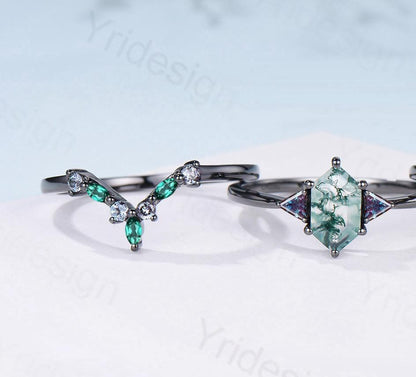 Three Stone Black Gold Moss Agate Wedding Set Unique Long Hexagon Green Agate Trillion Alexandrite Gothic Engagement Ring Emerald Opal Band - PENFINE