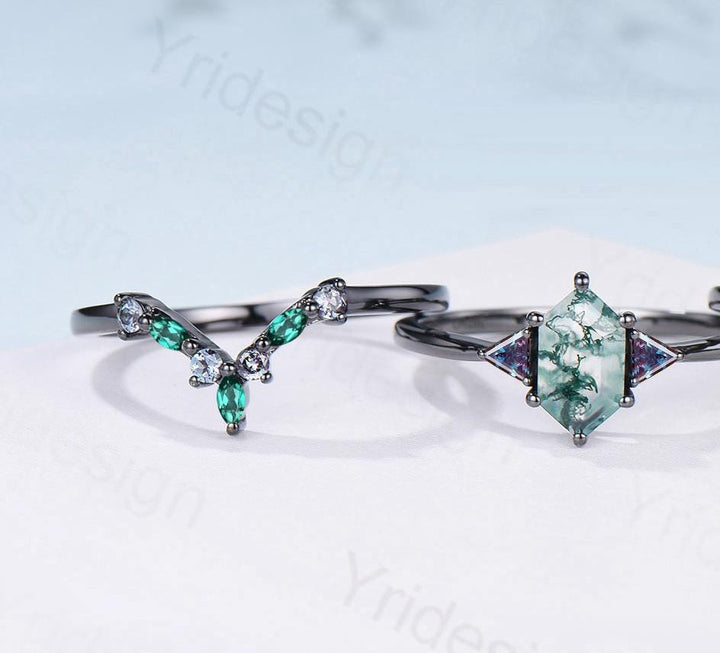 Three Stone Black Gold Moss Agate Wedding Set Unique Long Hexagon Green Agate Trillion Alexandrite Gothic Engagement Ring Emerald Opal Band - PENFINE