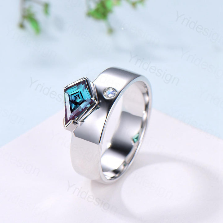 One Of a Kind Alexandrite Wedding Band Men Unique Kite Cut Alexandrite Moonstone Men's Wedding Ring 6mm Stacking Anniversary Matching Band - PENFINE