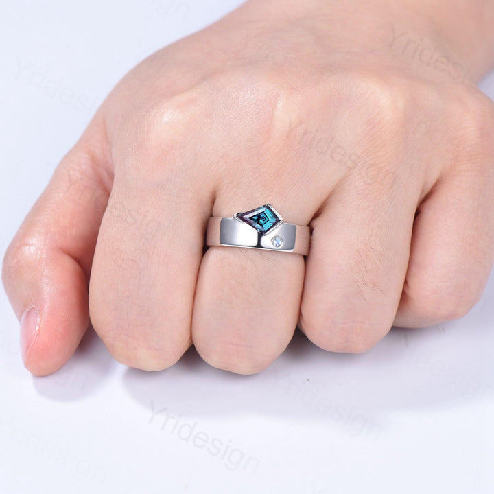One Of a Kind Alexandrite Wedding Band Men Unique Kite Cut Alexandrite Moonstone Men's Wedding Ring 6mm Stacking Anniversary Matching Band - PENFINE