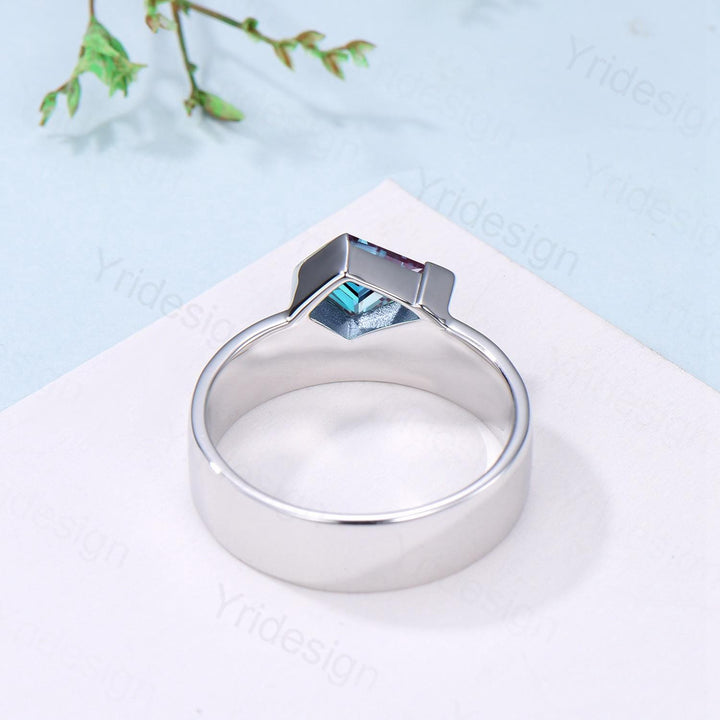 One Of a Kind Alexandrite Wedding Band Men Unique Kite Cut Alexandrite Moonstone Men's Wedding Ring 6mm Stacking Anniversary Matching Band - PENFINE