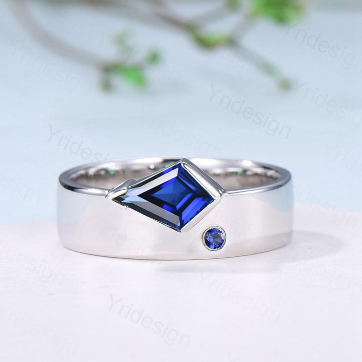 Kite Cut Blue Sapphire Men's Wedding Band, Retro Anniversary Ring - PENFINE