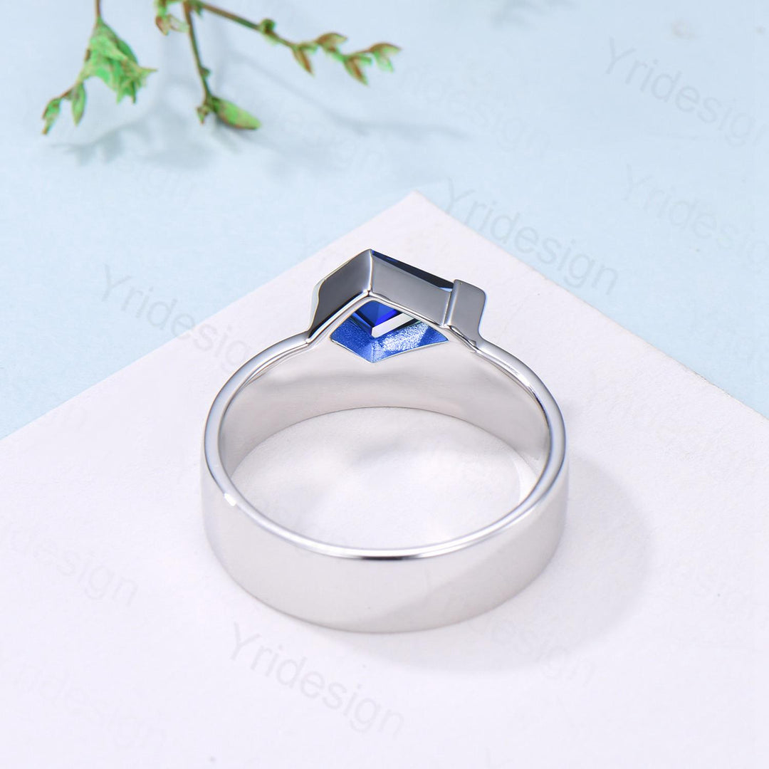 Kite Cut Blue Sapphire Men's Wedding Band, Retro Anniversary Ring - PENFINE