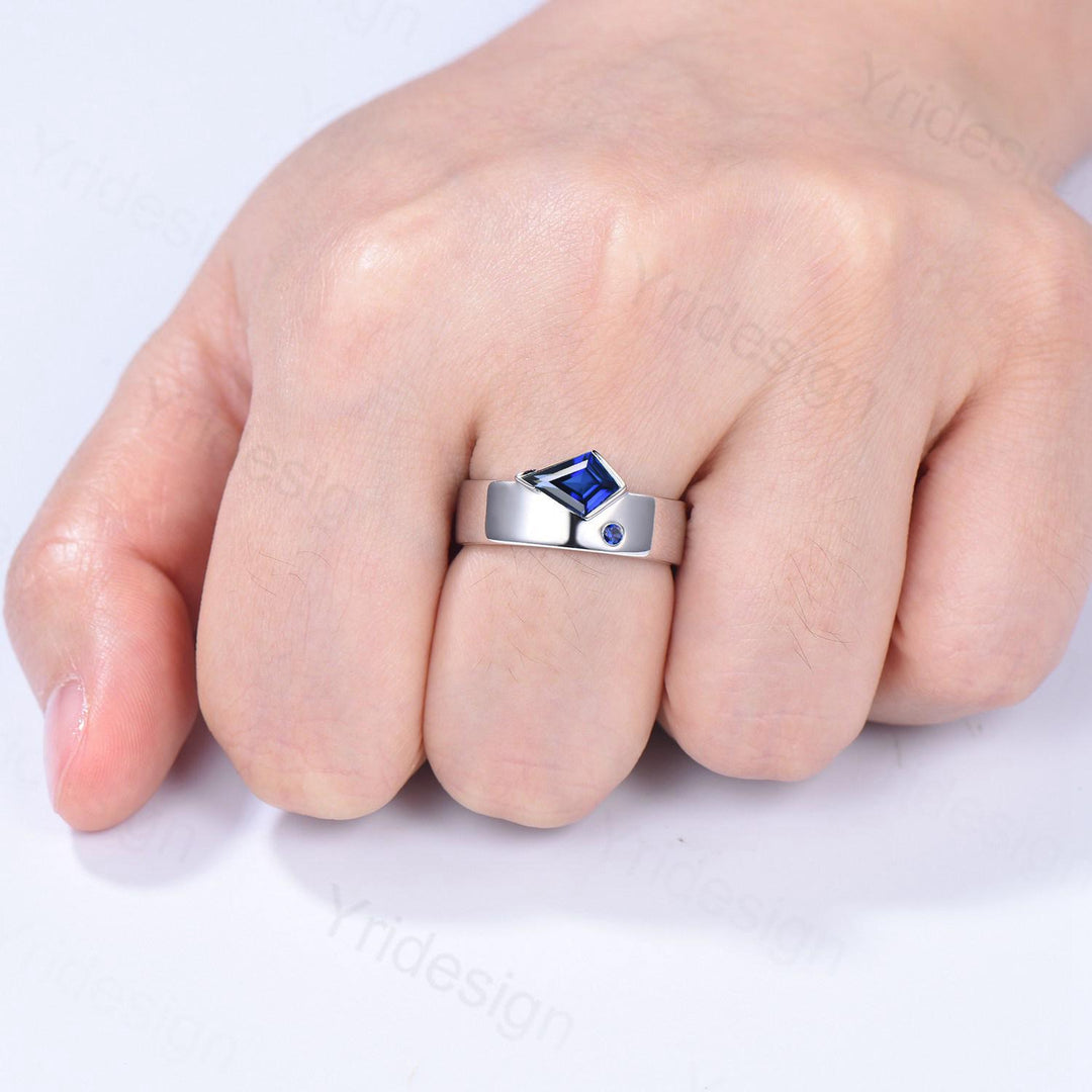 Kite Cut Blue Sapphire Men's Wedding Band, Retro Anniversary Ring - PENFINE