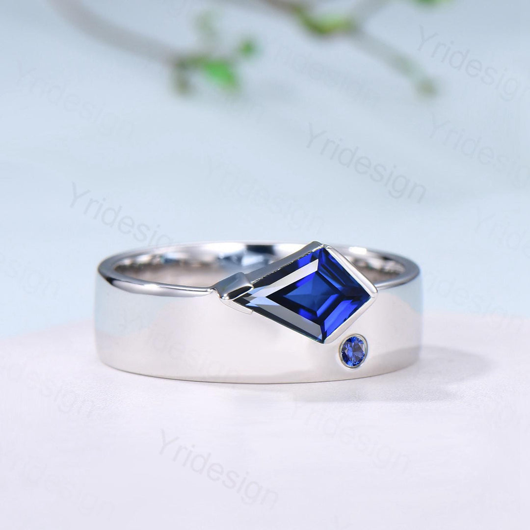 Kite Cut Blue Sapphire Men's Wedding Band, Retro Anniversary Ring - PENFINE