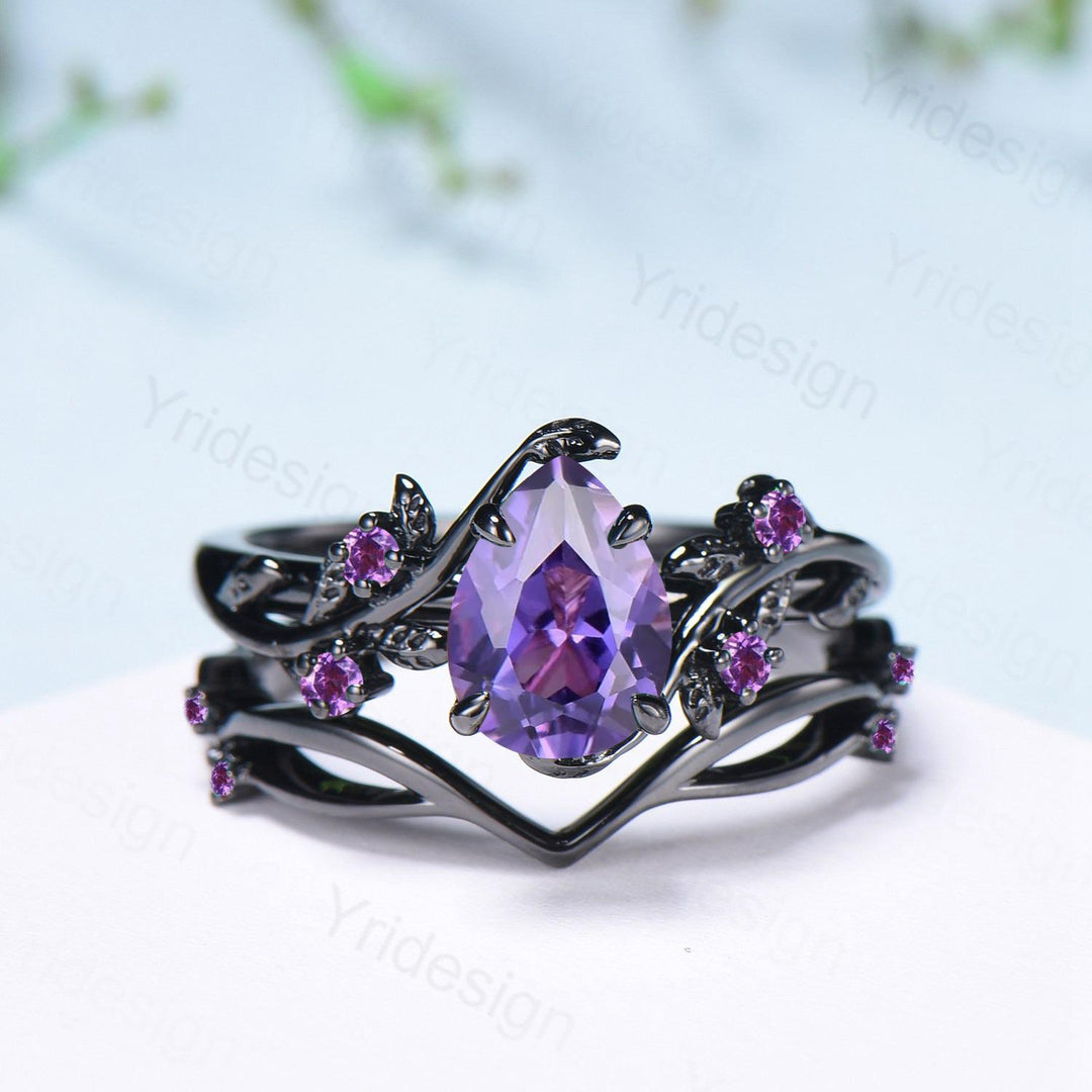 Black Gold Purple Sapphire Bridal Ring Set, Vintage Leaf Amethyst Wedding Rings - PENFINE